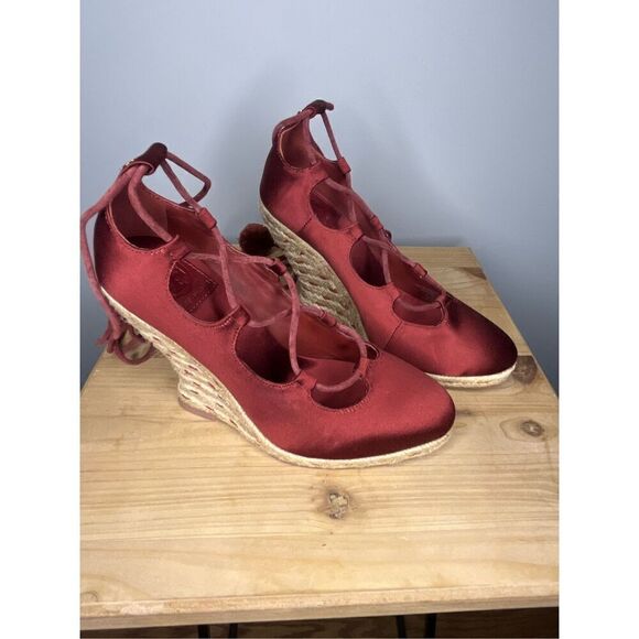 Tory Burch Women's High Heels Wedge Espadrilles Pompoms Satin Merlot Shoes 5.5 - Picture 2 of 12